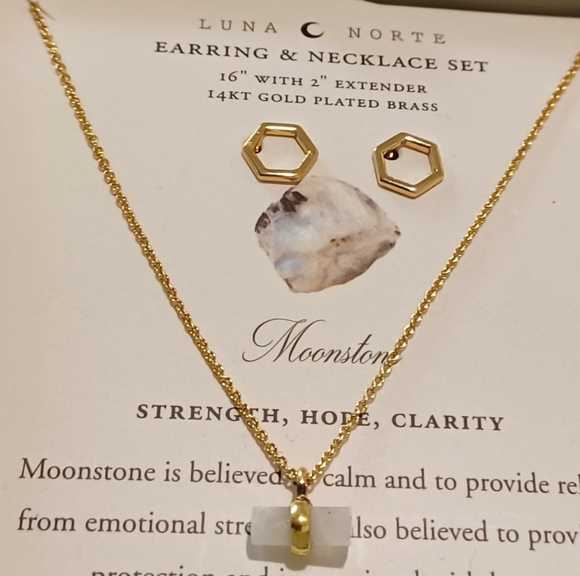 2 PC LUNA NORTE 14K GP HEXAGON EARRINGS & NECKLACES WITH MOONSTONE GEMSTONE - Picture 6 of 12